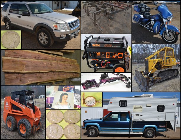 SKID STEER, JD DOZER, HARLEY ELECTRA GLIDE, CHEVY TRUCK, FORD EXPLORER, CAMPER, SILVER COINS, GENERATORS AND TOOLS - Mondovi, WI