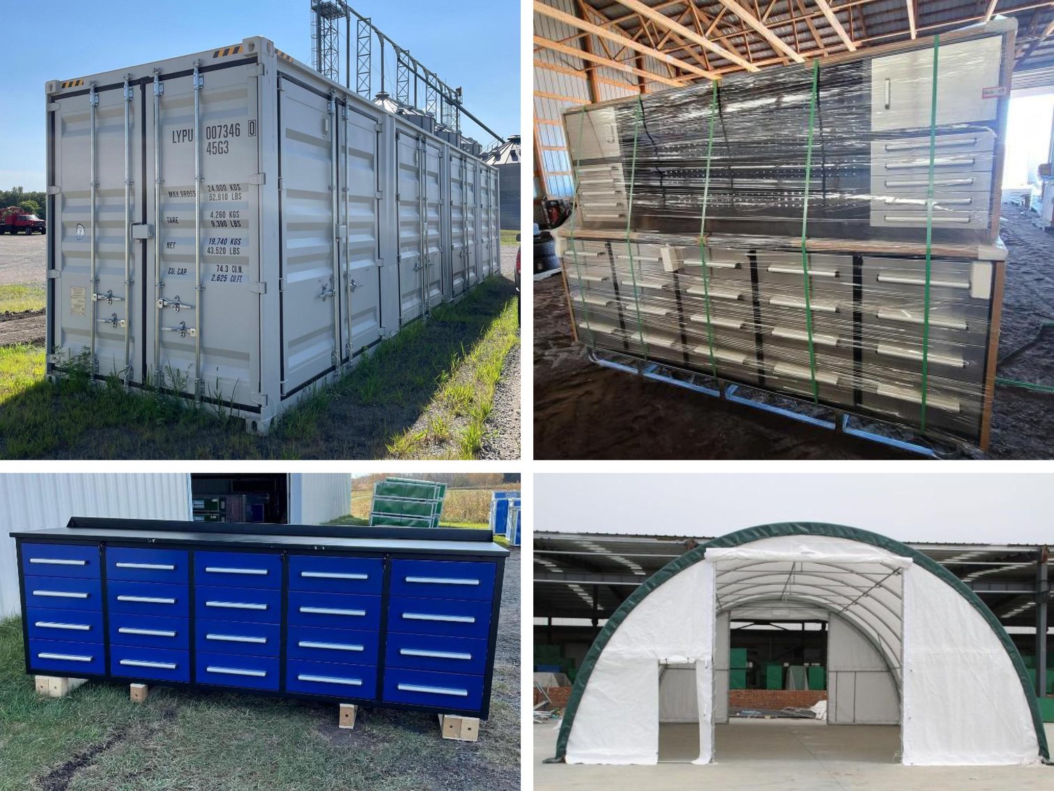 New Storage Buildings, Attachments, Tool Boxes, Tires and 5-Door Sea Container