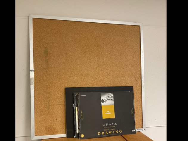 4‘ x 4‘ corkboard with aluminum frame and sketch pads